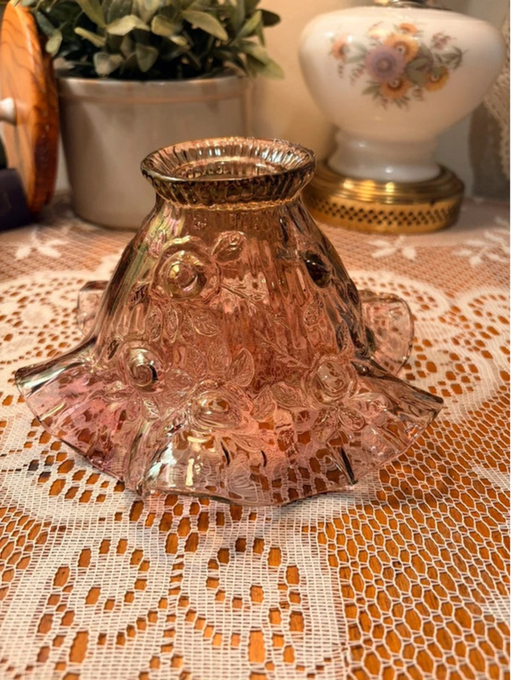 Vintage Homco Eleanor’s Pink Iridescent Cabbage Rose Fairy Lamp Shade Top